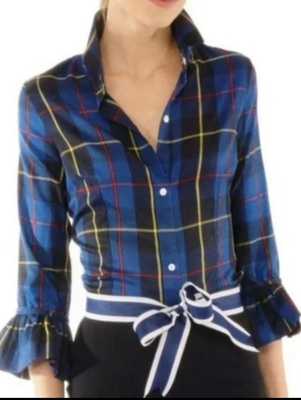 Gretchen Scott Blue Plaidly Cooper Ruffle Cuff Priss Blouse Button Down Plaid SM